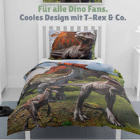 Detailansicht Vorderseite T-Rex Velociraptor Triceratops und anderen in Grün mit Vulkan und Urzeitlandschaft 