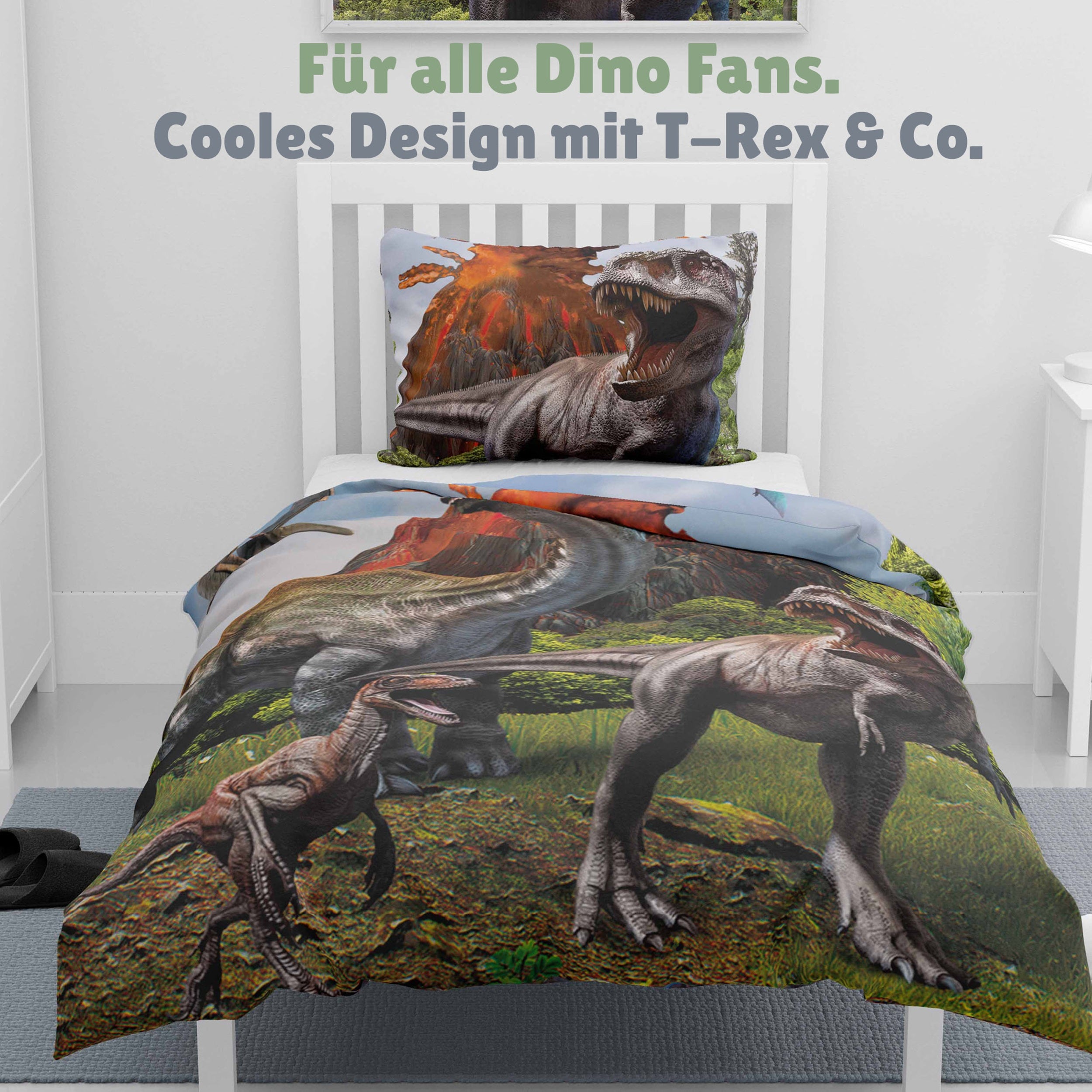 Detailansicht Vorderseite T-Rex Velociraptor Triceratops und anderen in Grün mit Vulkan und Urzeitlandschaft 