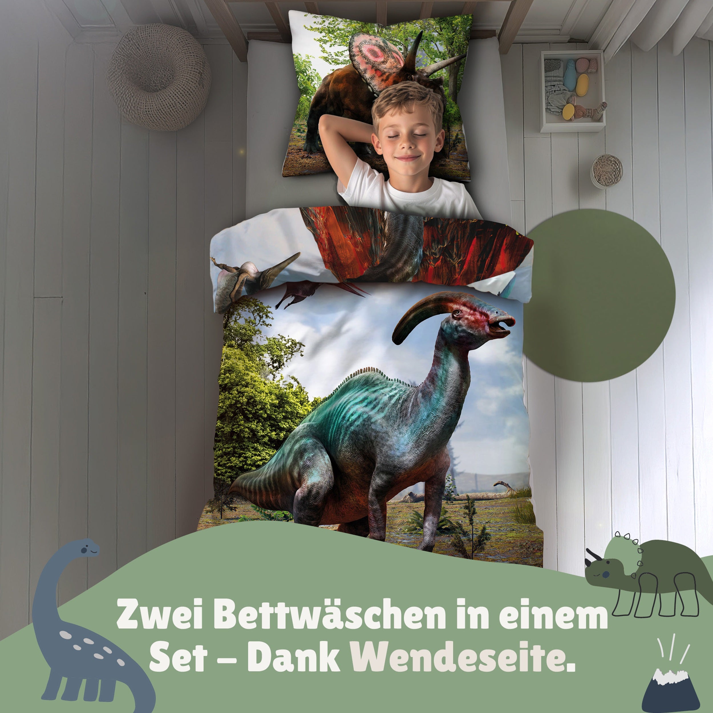 Junge schläft im Kinderzimmer unter der Bettdecke, diesmal in Rückseite, Parasaurolophus vor grünem Grund