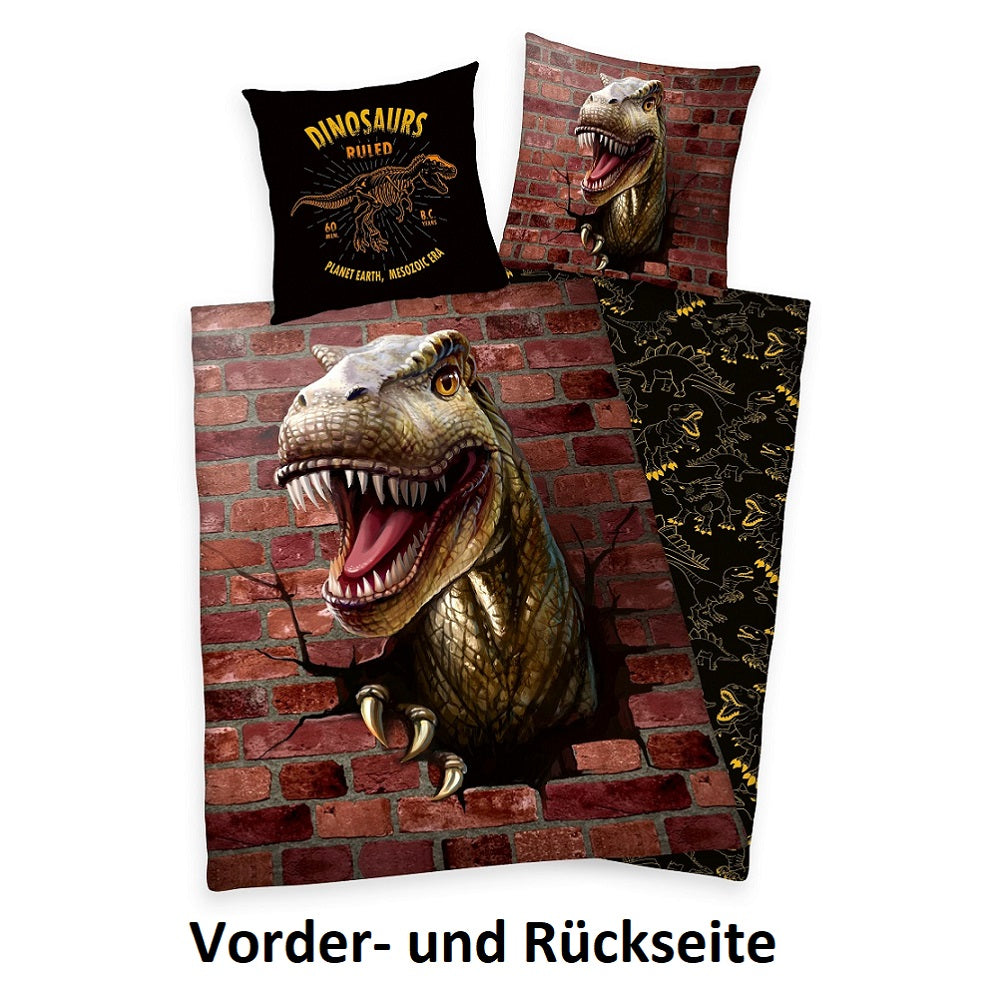 Beide Seiten der Bettwäsche nebeneinander dargestellt Vorderseite Kopfkissen mit T-Rex Rückseite mit Schriftzug