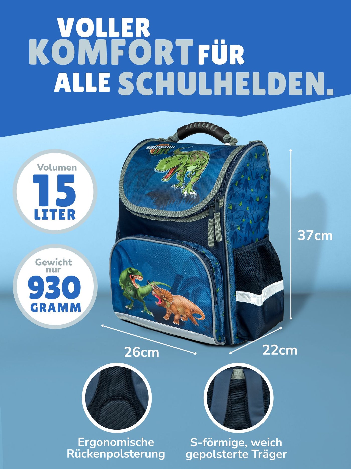 Ansicht Schulranzen Frontal mit Infos zu Volumen 15 Liter, Gewicht 930 Gramm und gepolstertem Rückenbett