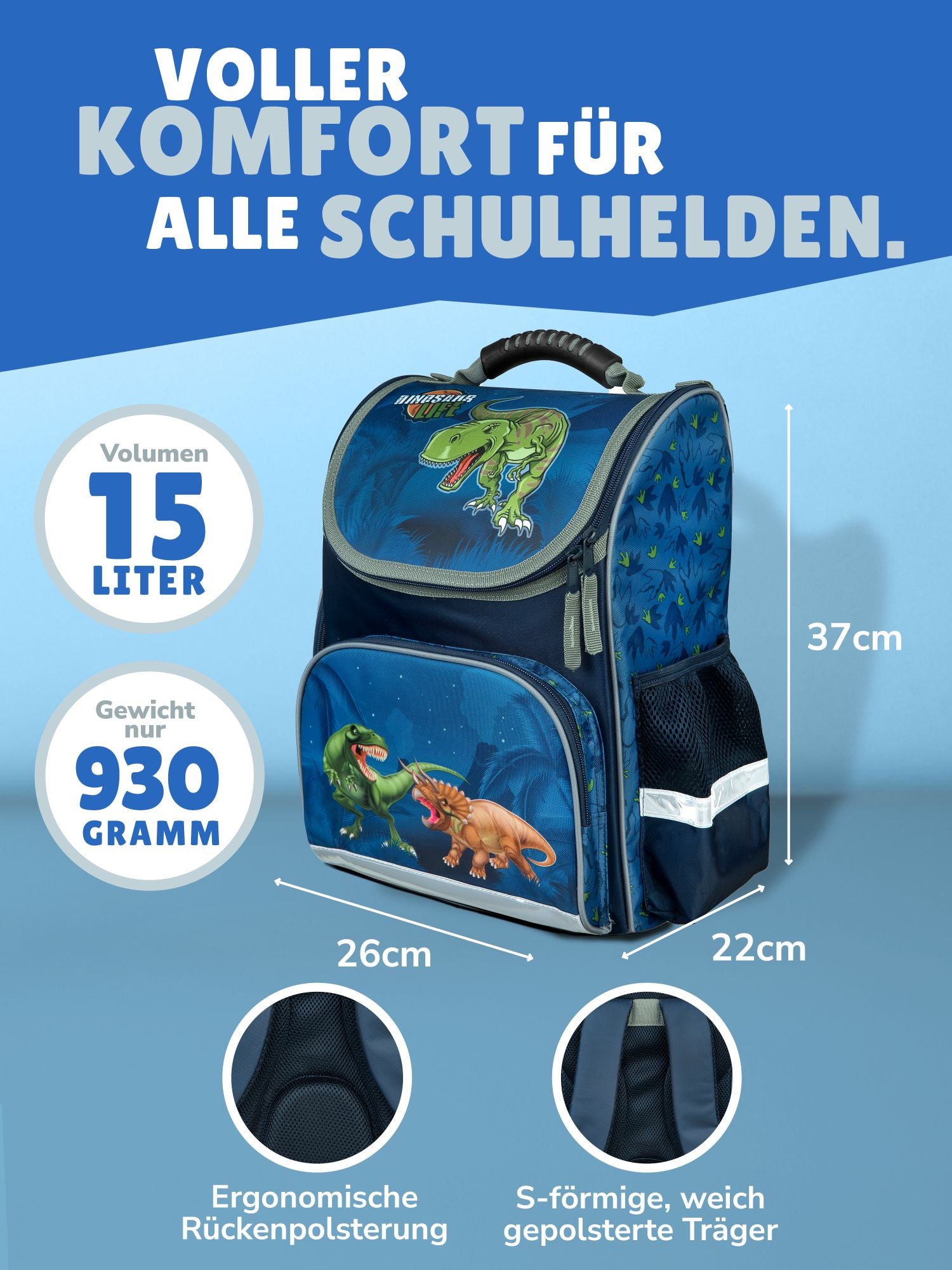 Ansicht Schulranzen Frontal mit Infos zu Volumen 15 Liter, Gewicht 930 Gramm und gepolstertem Rückenbett