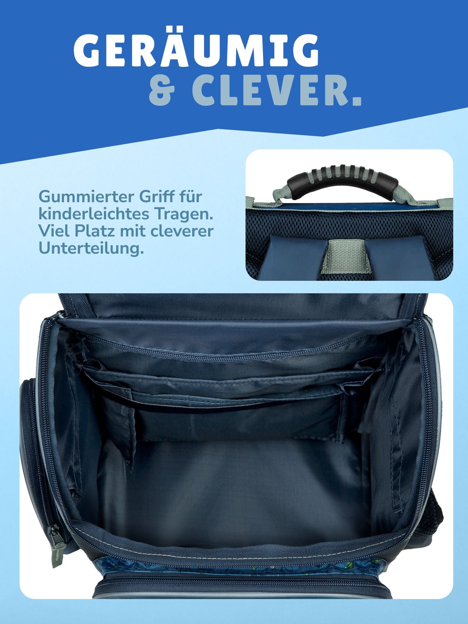 Innenansicht Schulranzen mit schwarzem Futter und Organizer Unterteilung - zusätzliches Detailbild des gummierten Tragegriffs an der Oberseite