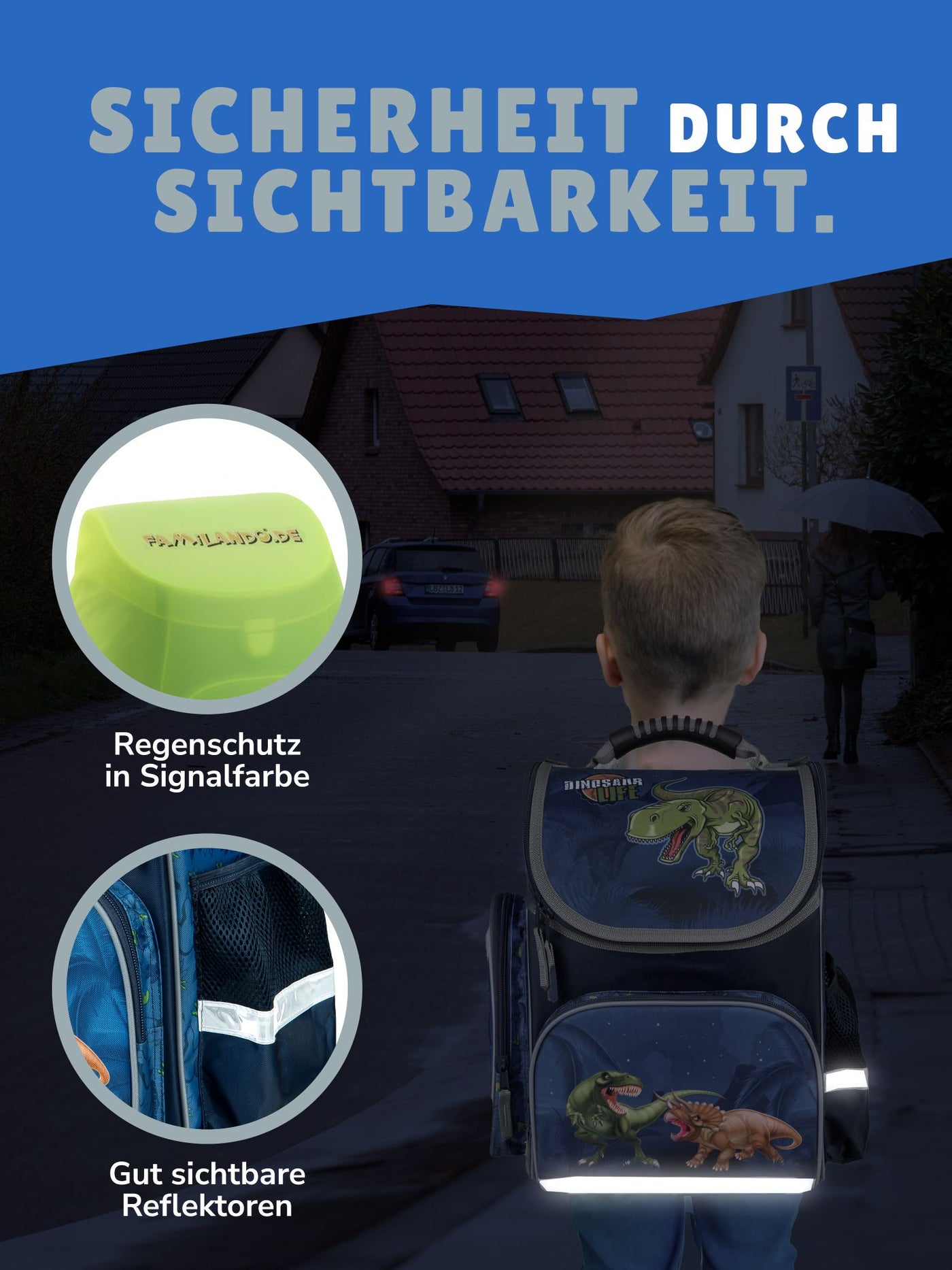 Junge läuft auf dunkler Straße mit Schulranzen - Reflektoren sind gut sichtbar