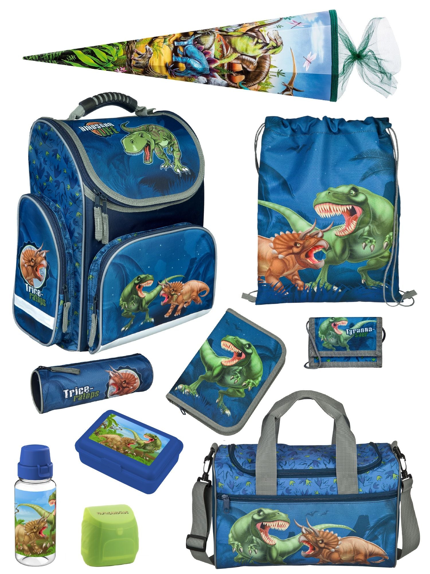 Familando Clou Schulranzen Set Dinosaurier, blau grün - Dino Schultasche ab 1. Klasse