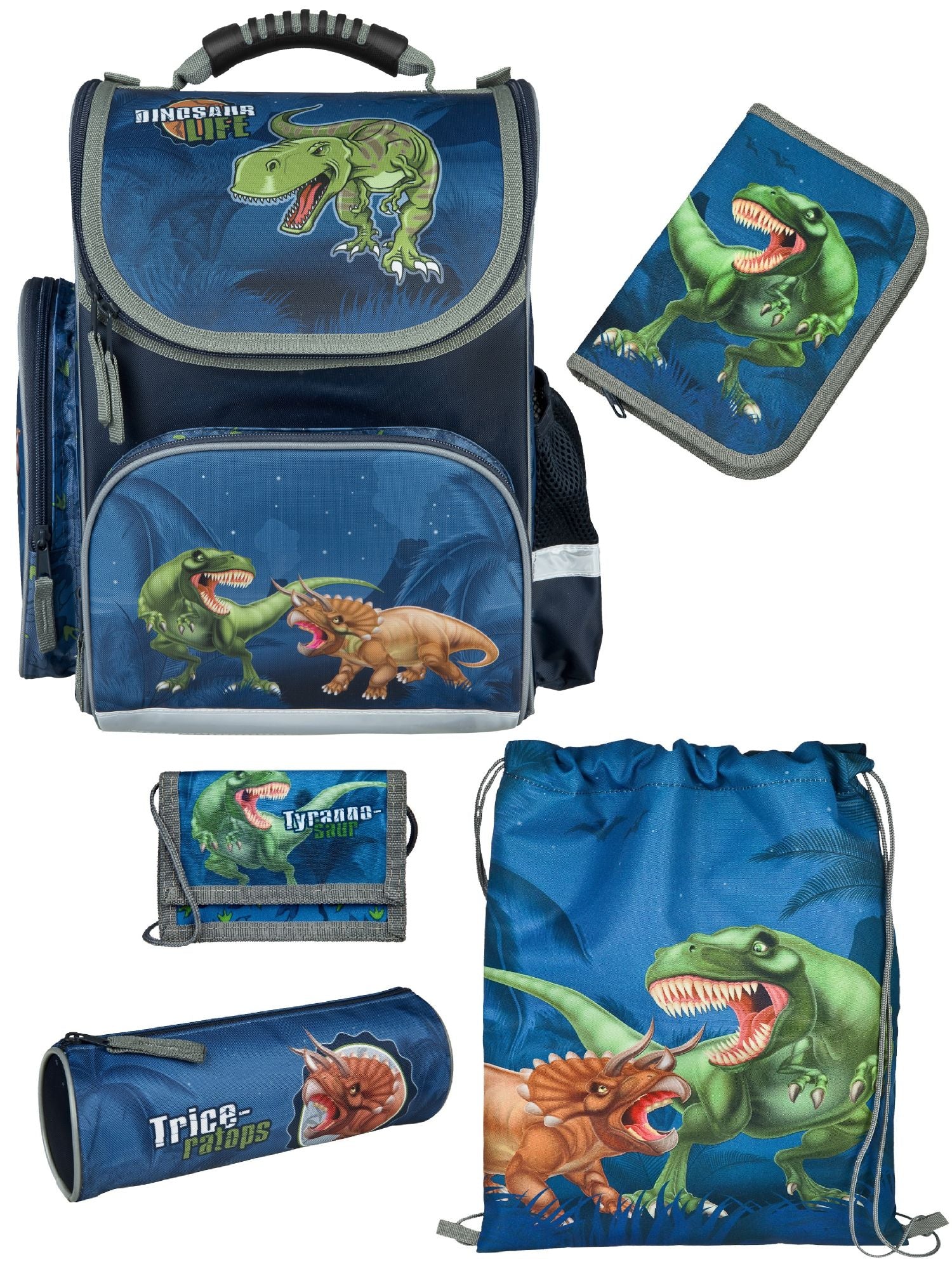 Familando Clou Schulranzen Set Dinosaurier, blau grün - Dino Schultasche ab 1. Klasse
