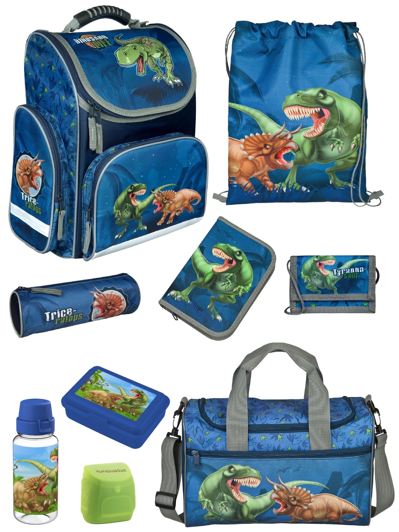 Familando Clou Schulranzen Set Dinosaurier, blau grün - Dino Schultasche ab 1. Klasse