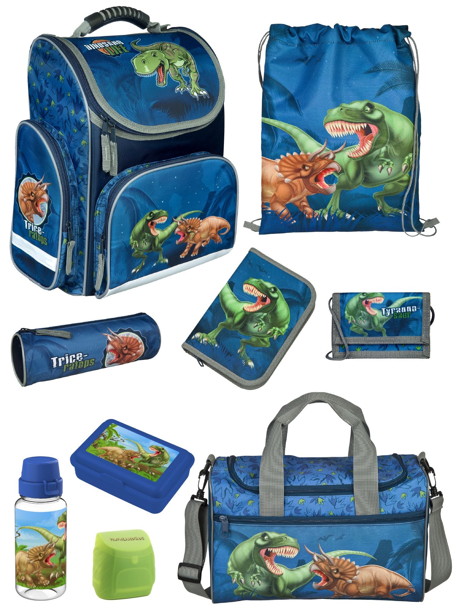 Familando Clou Schulranzen Set Dinosaurier, blau grün - Dino Schultasche ab 1. Klasse