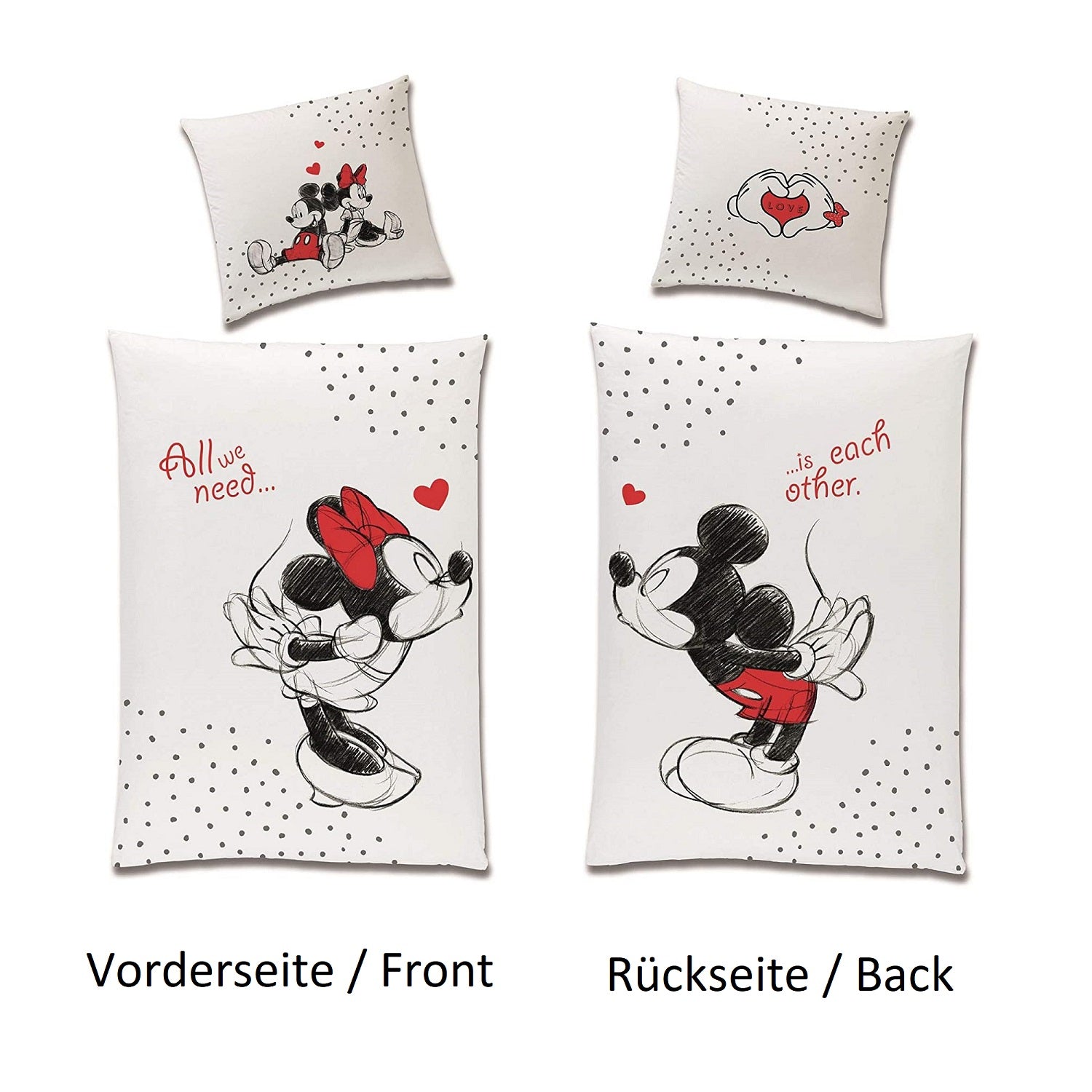 Vorder- und Rückseite der Partnerbettwäsche in weiß nebeneinander