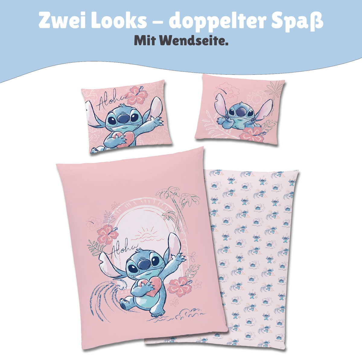 Ansicht Wendeseite gemustert mit kleinen Stitch Figuren vor hell-rosa Grund