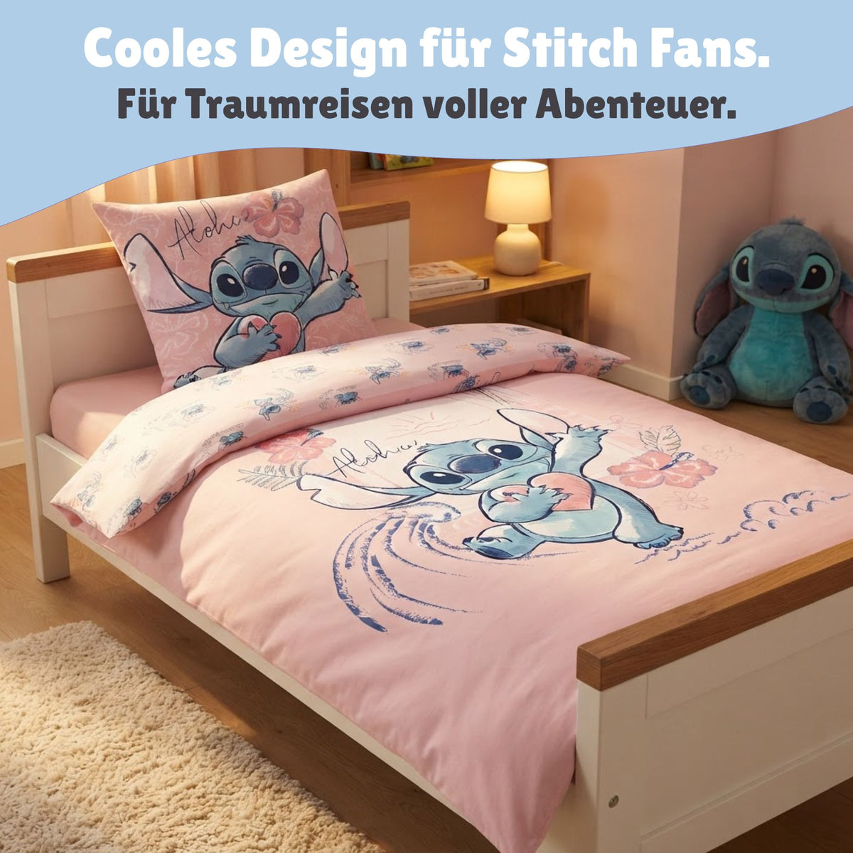 Detailansicht Vorderseite rosa mit Palmen und türkisem Stitch