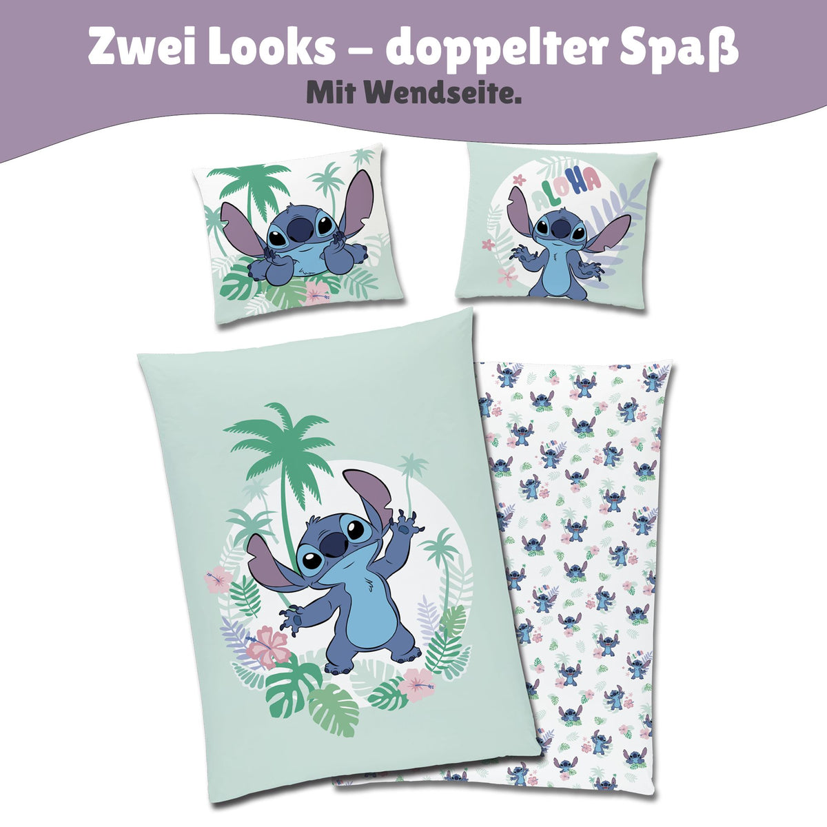 Ansicht Wendeseite gemustert mit kleinen Stitch Figuren vor weißem Grund