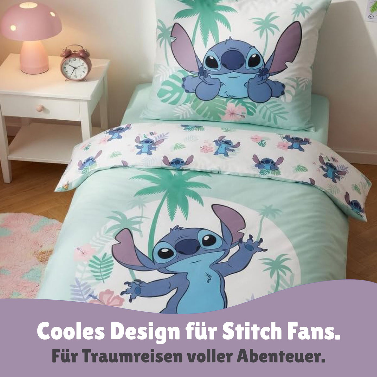 Detailansicht Vorderseite türkis mit Palmen und Stitch