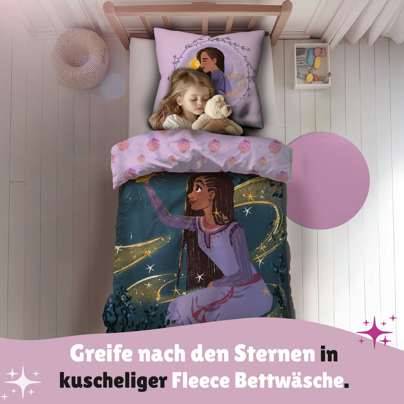 Mädchen schläft selig im Bett mit Wish Bettwäsche