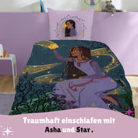 Detailansicht Vorderseite mit Asha in lila Kleid und Star auf dunkel-grünem Grund