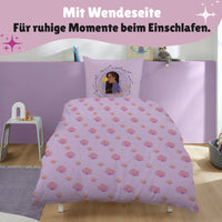 Wendeseite mit Muster aus Rosen auf lila Grund