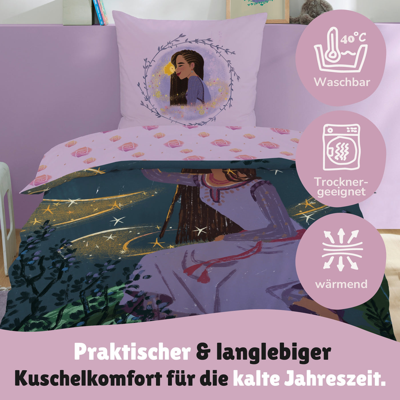 Infotafel Pflege Maschinenwäsche und Trocknergeeignet und Reißverschluss an der Bettwäsche