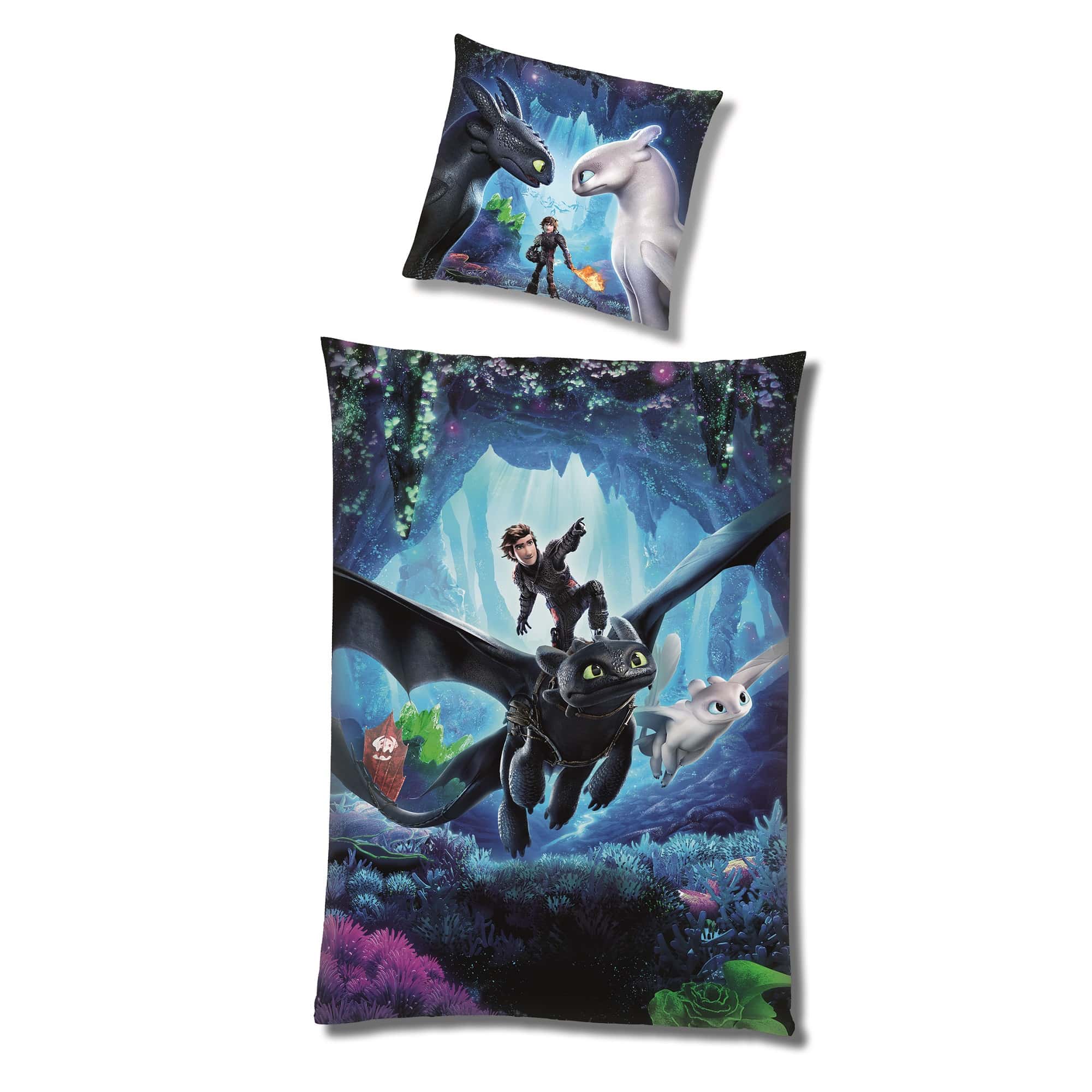 Disney Dragons Drachen Bettwäsche Vorderseite mit Motiv Drache Ohnezahn und Hicks dem Hünen