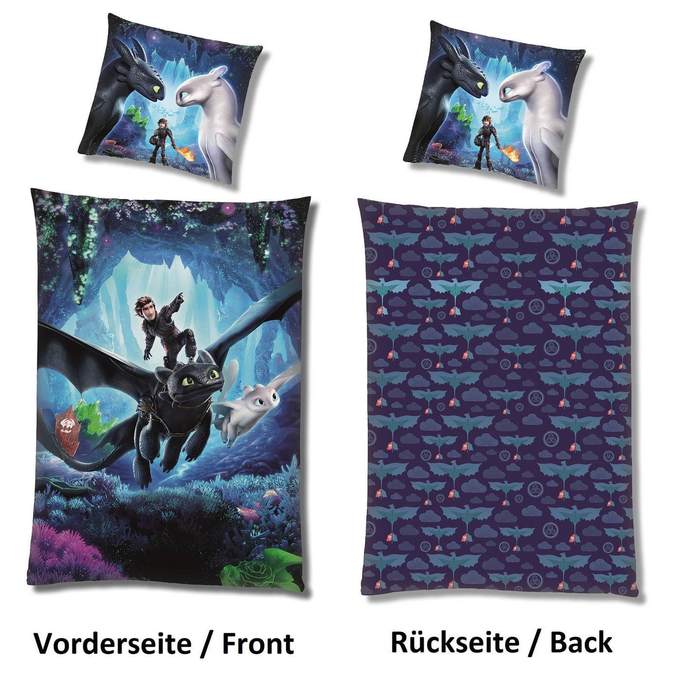 Disney Dragons Drachen Bettwäsche 135x200 dunkelblau mit Drache Ohnezahn und Hicks dem Hünen Text