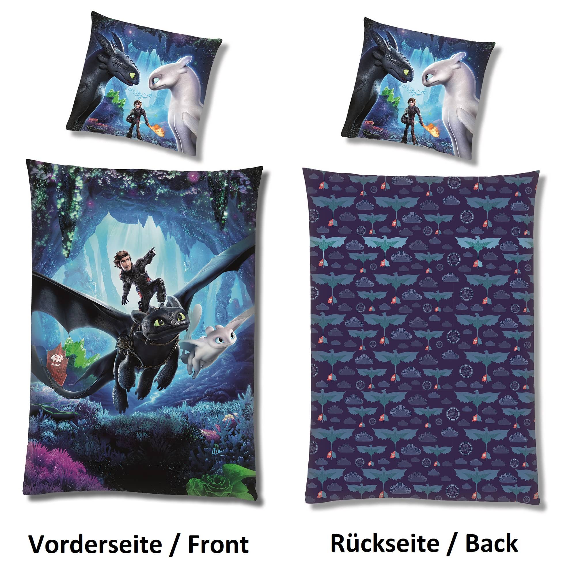 Disney Dragons Drachen Bettwäsche 135x200 dunkelblau mit Drache Ohnezahn und Hicks dem Hünen Text