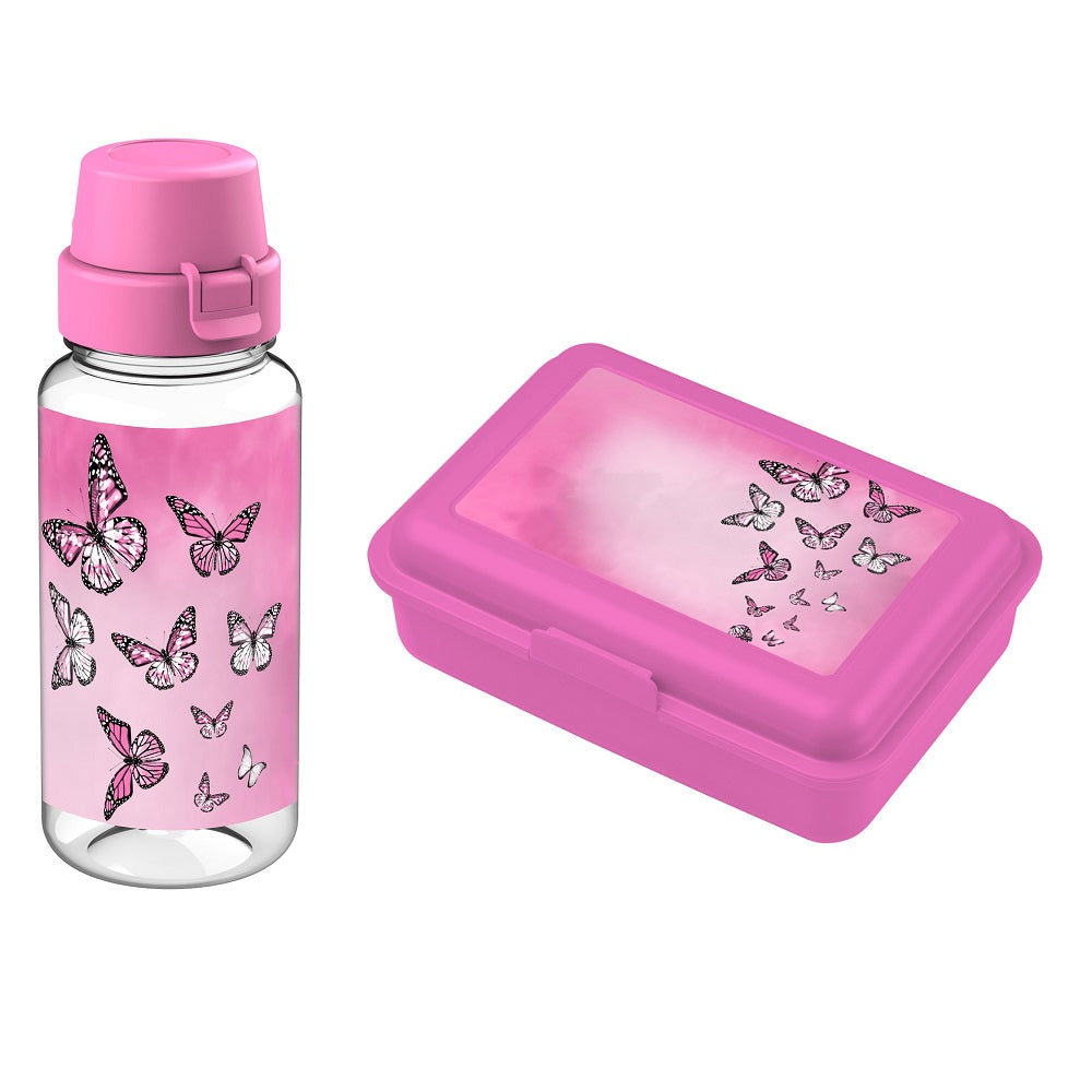 Dose und Flasche (transparent) in rosa Schmetterlings Design