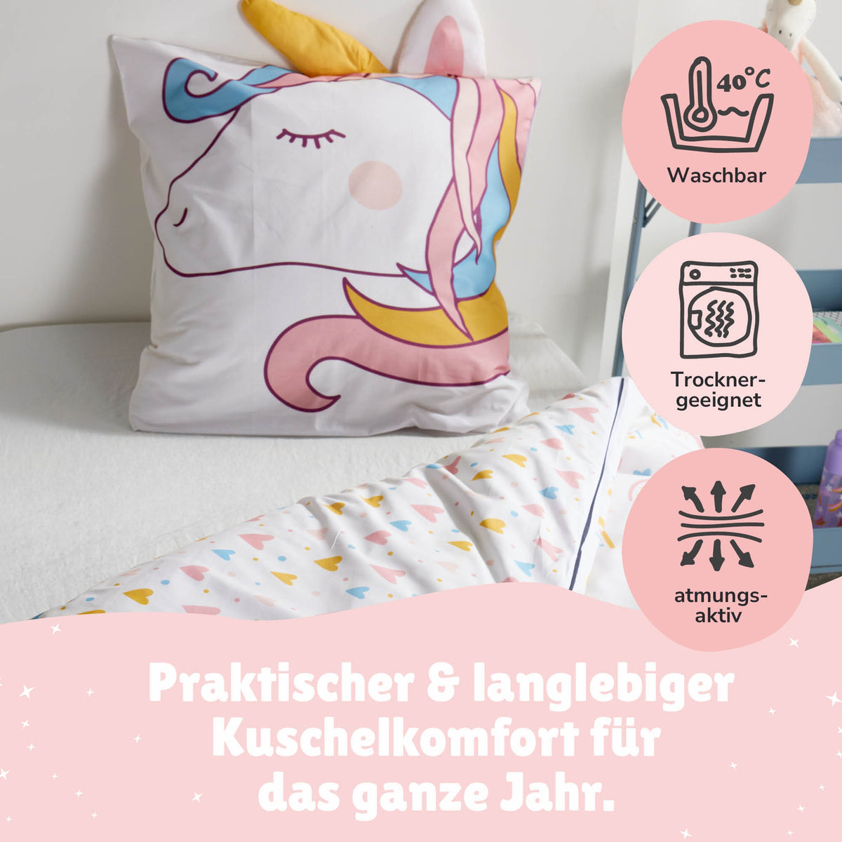 Infotafel Pflege Maschinenwäsche und Trocknergeeignet und Reißverschluss an der Bettwäsche