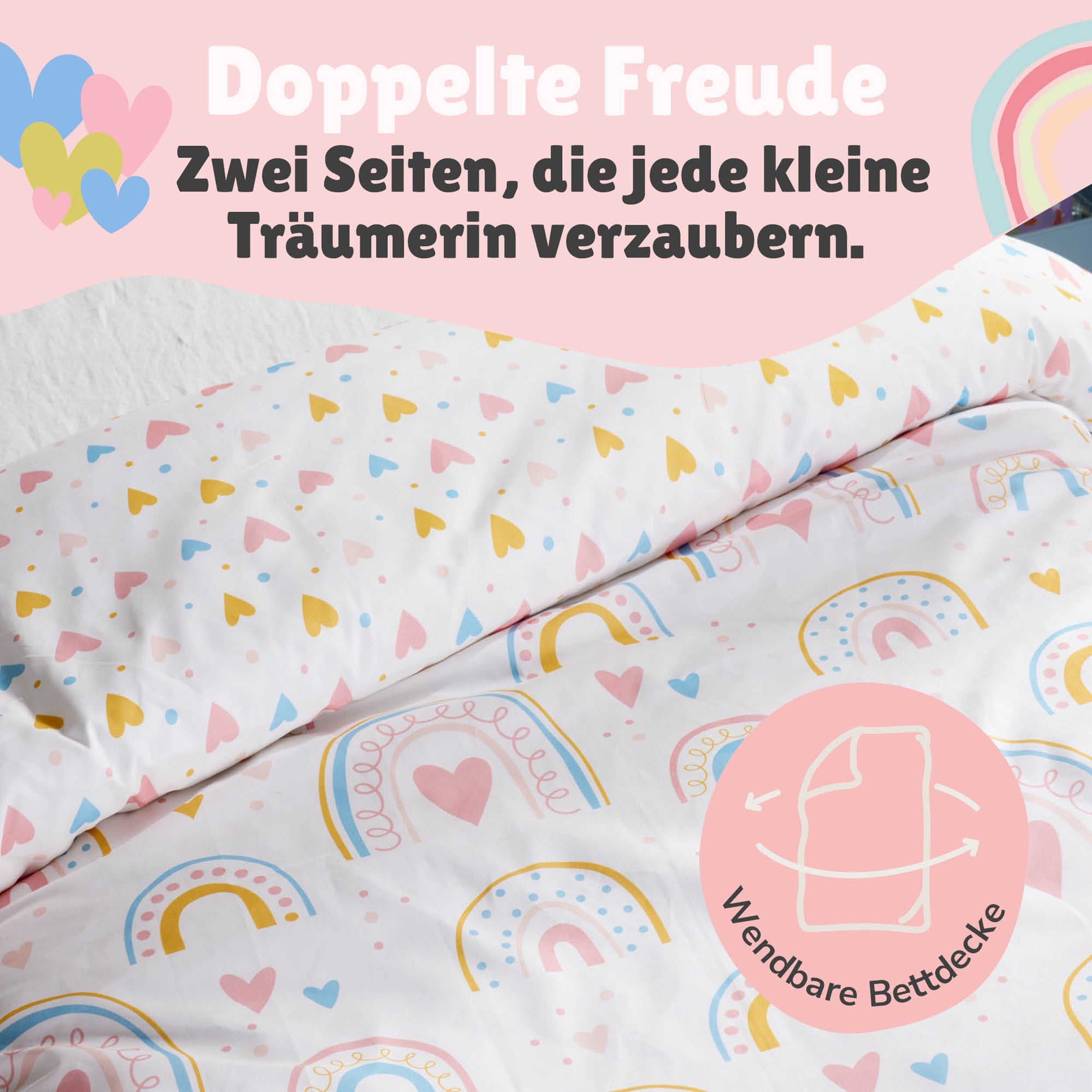 Infotafel Wendeseite Muster vorne Regenbogen; Muster hinten bunte Herzen