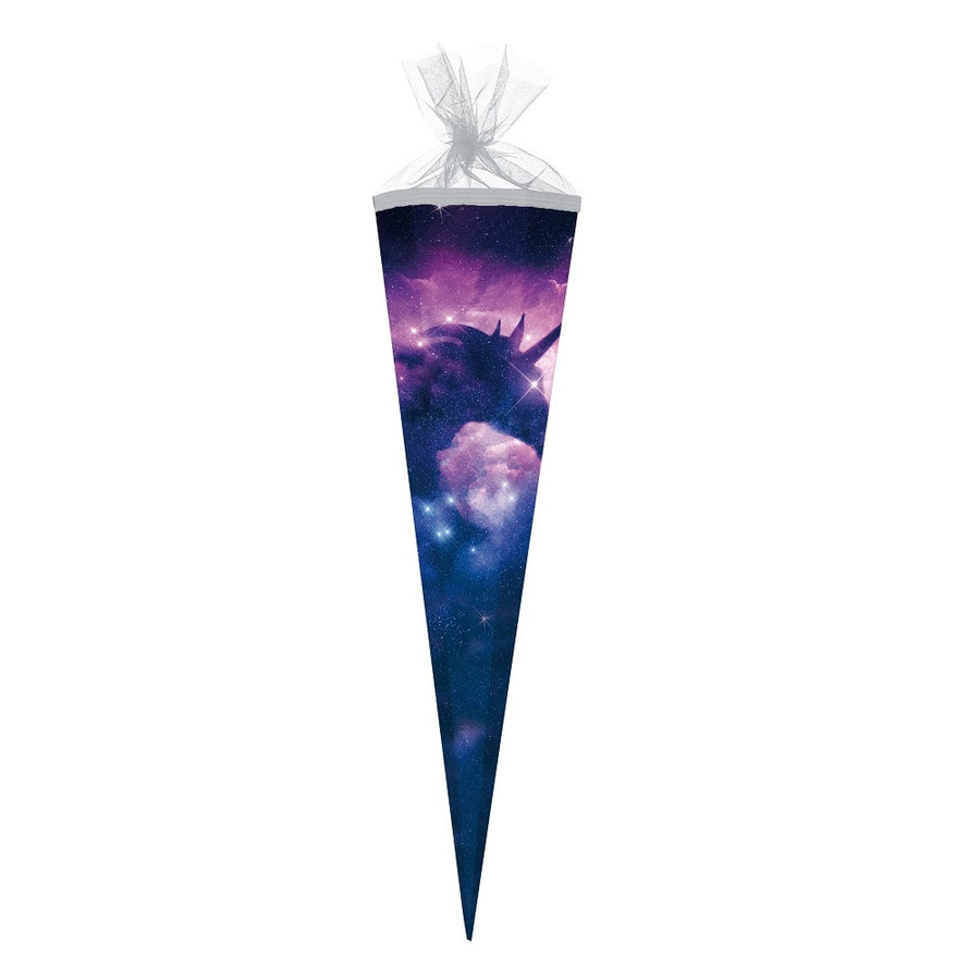 Einhorn Schultüte für Mädchen in Lila mit Silhouette und Galaxie / Sternenstaub 85 cm Größe