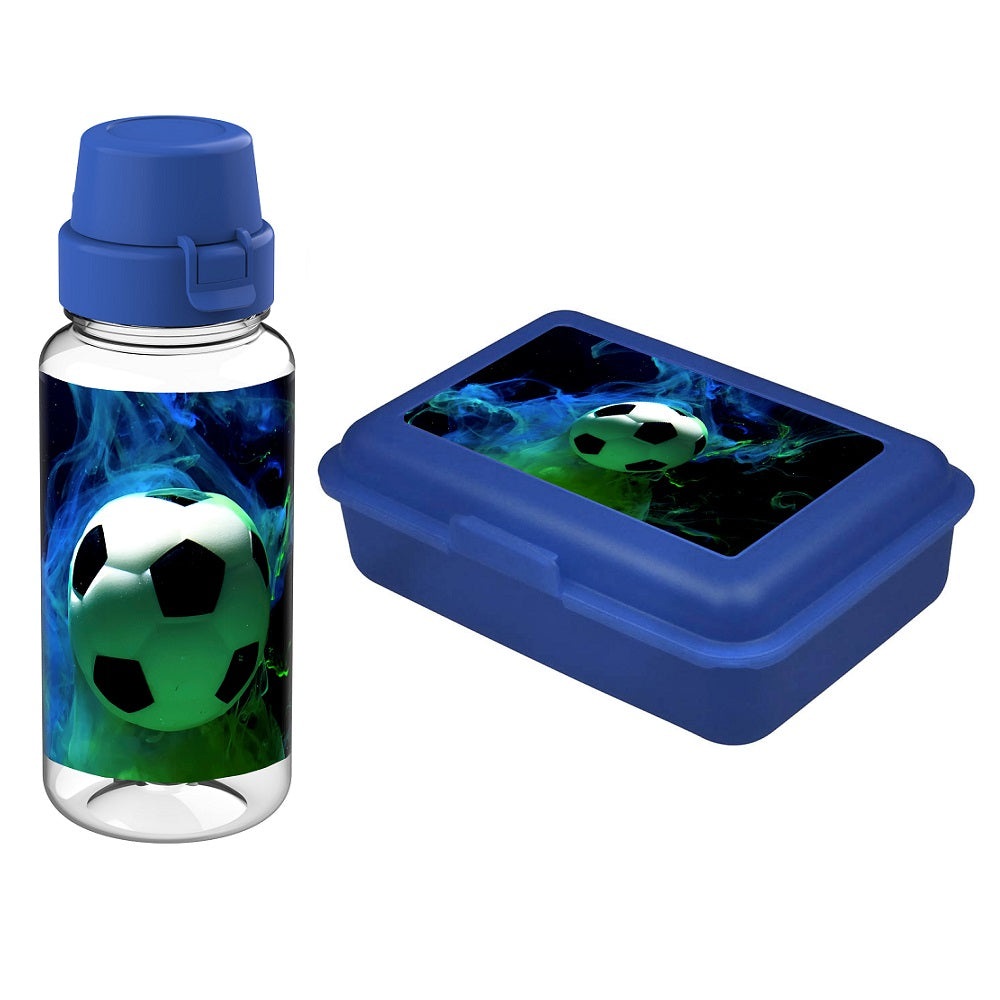 Detailansicht Dose Blau & Flasche transparent mit Fußball Motiv
