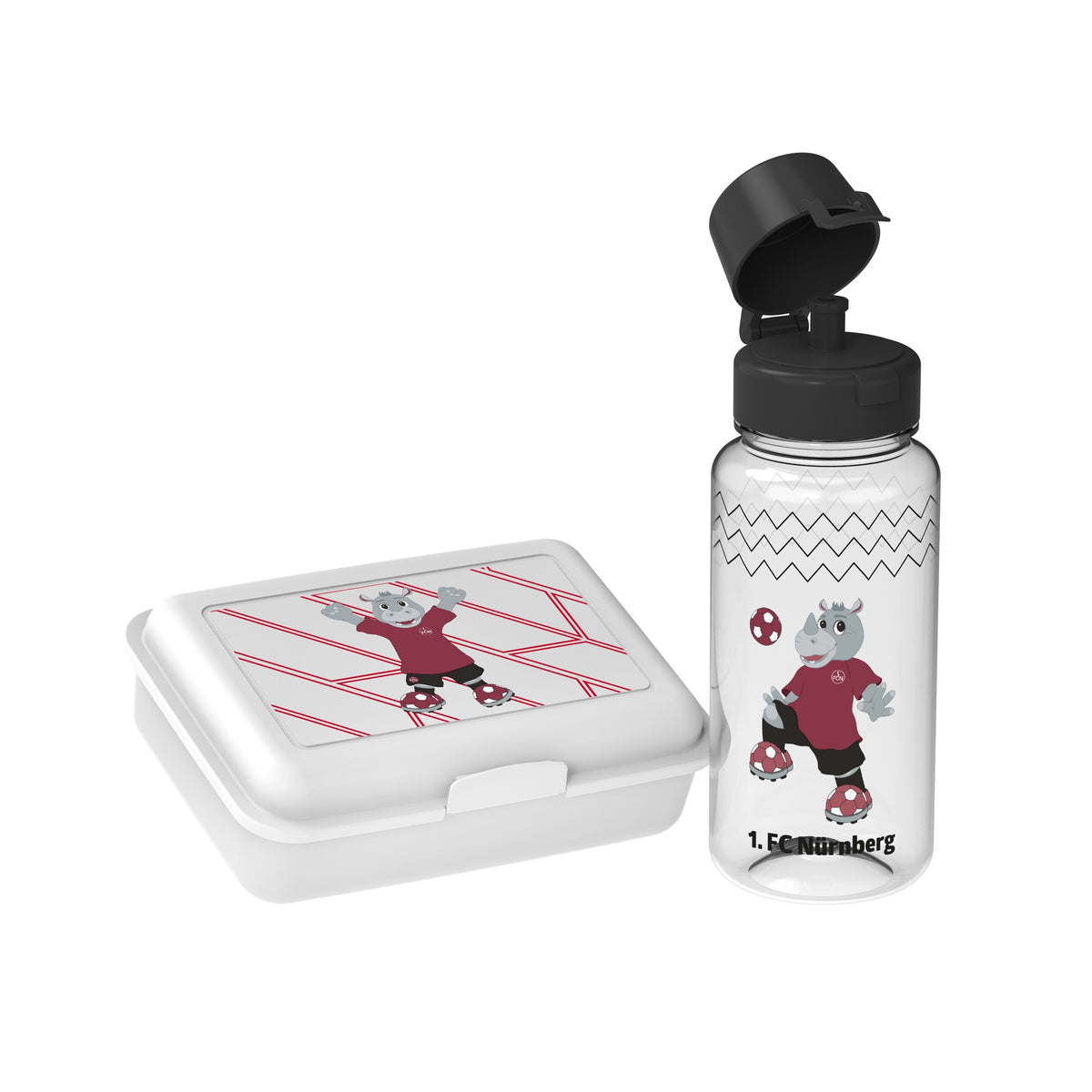 weiße Dose und transparente Flasche mit 1. FCN Maskottchen "Rhinola" Aufdruck