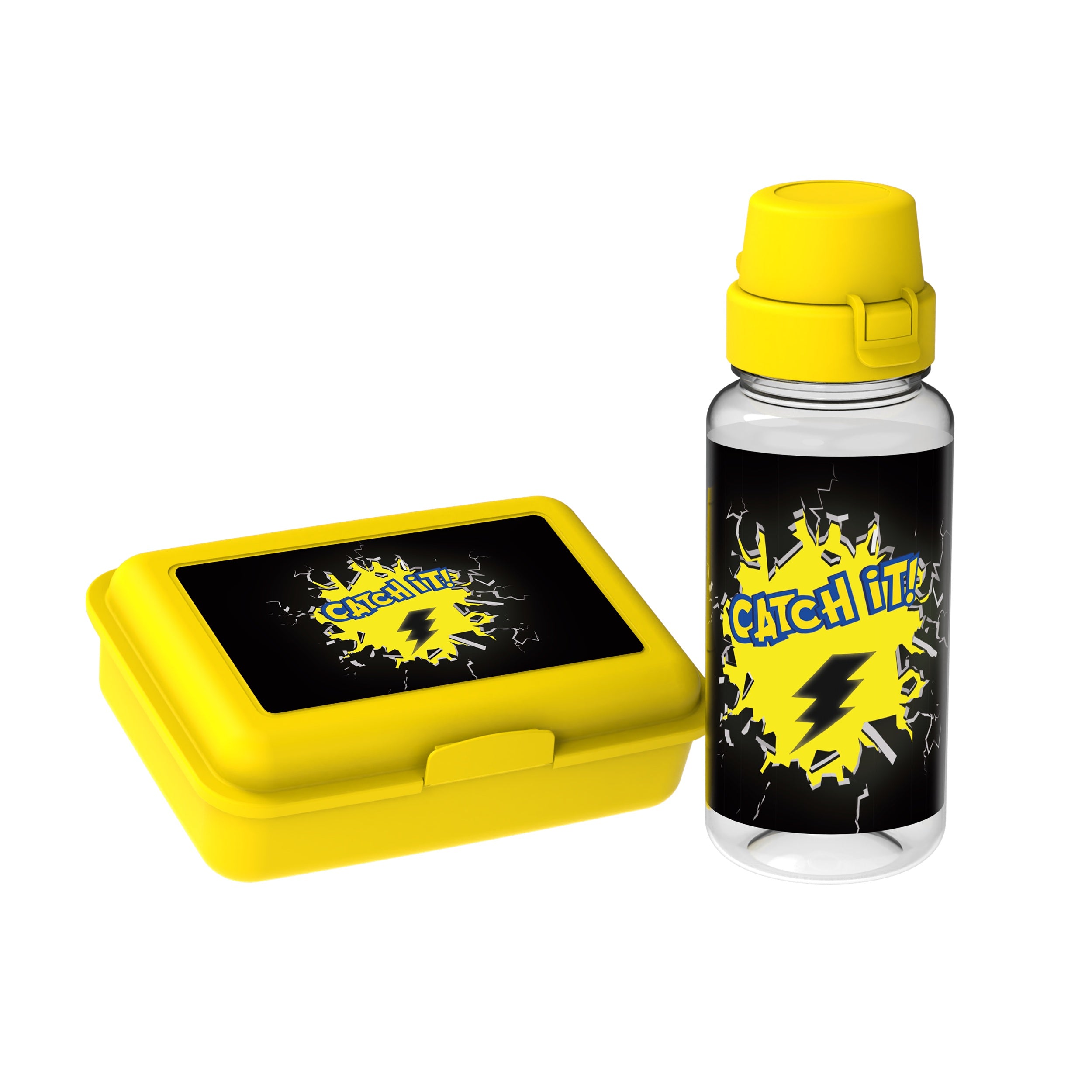 Dose und Flasche mit Spruch "Catch It" in schwarz gelbem Design passend zum Schulranzen