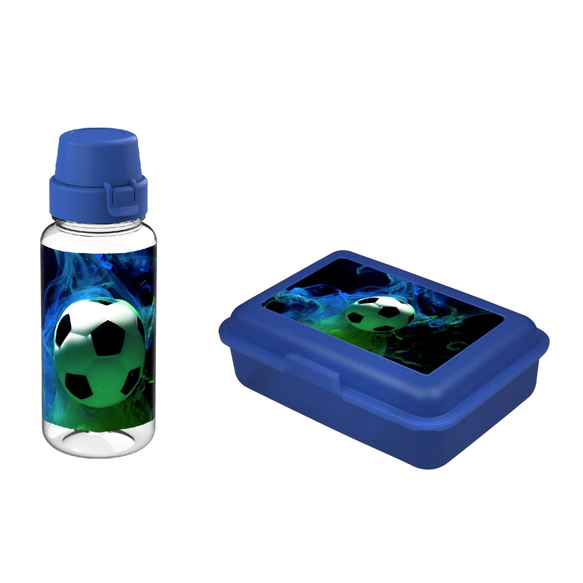 Brotdose und Trinkflasche in blauem Design mit Fußball Motiv passend zum Schulranzen