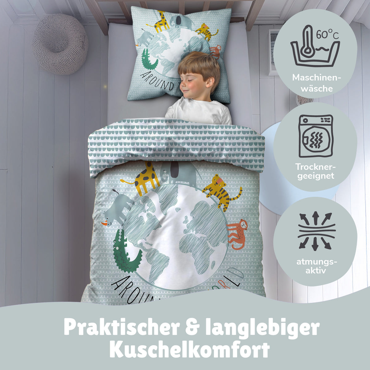Junge schläft seelig lächeln in Tier-Bettwäsche - Info zur Pflege der Bettwäsche auf der rechten Seite