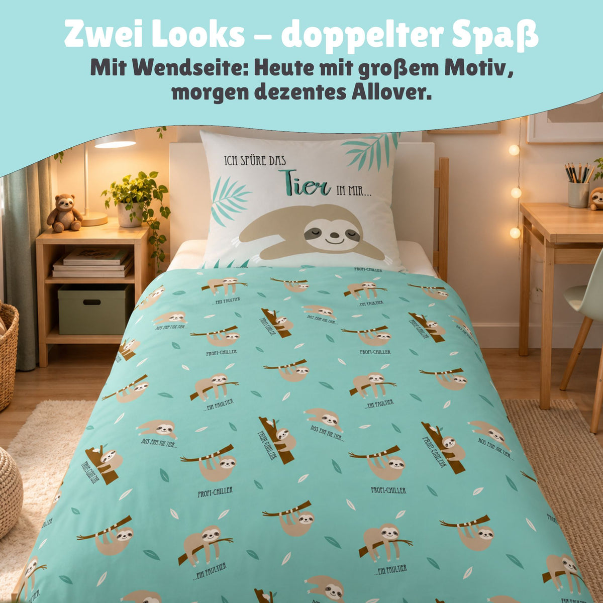 Vorderseite Faultier Bettwäsche auf Bett gezogen in passend eingerichtetem Kinderzimmer