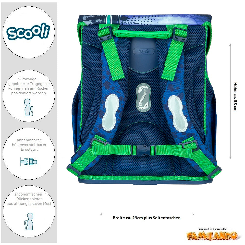 Rückansicht des Schulranzen mit ergonomischen Rückenpolster, Brustgurt und gepolsterten Trägern