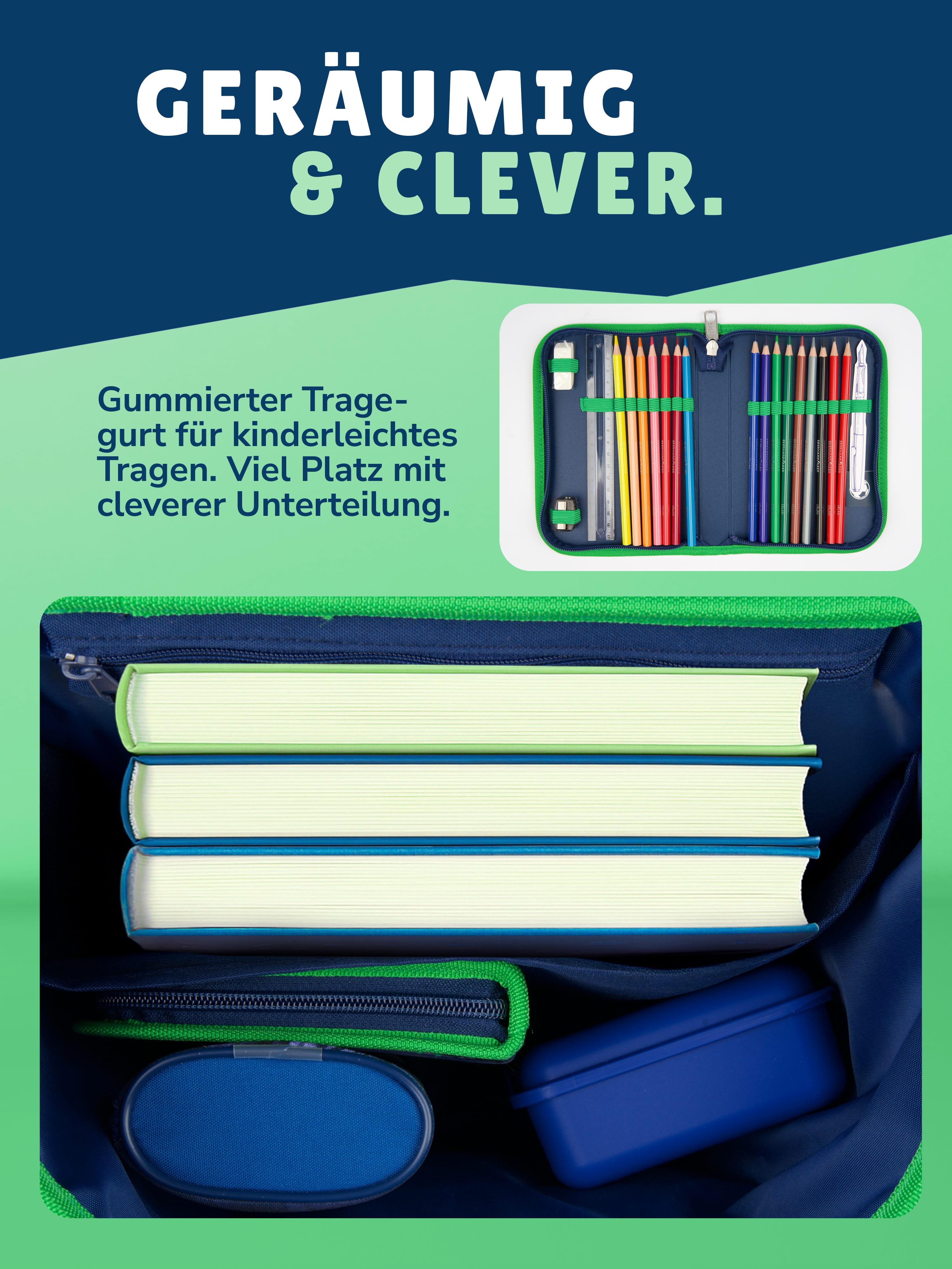 Innenansicht Scooli Schultasche geräumig dunkelblaues Futter mit Innenaufteilung