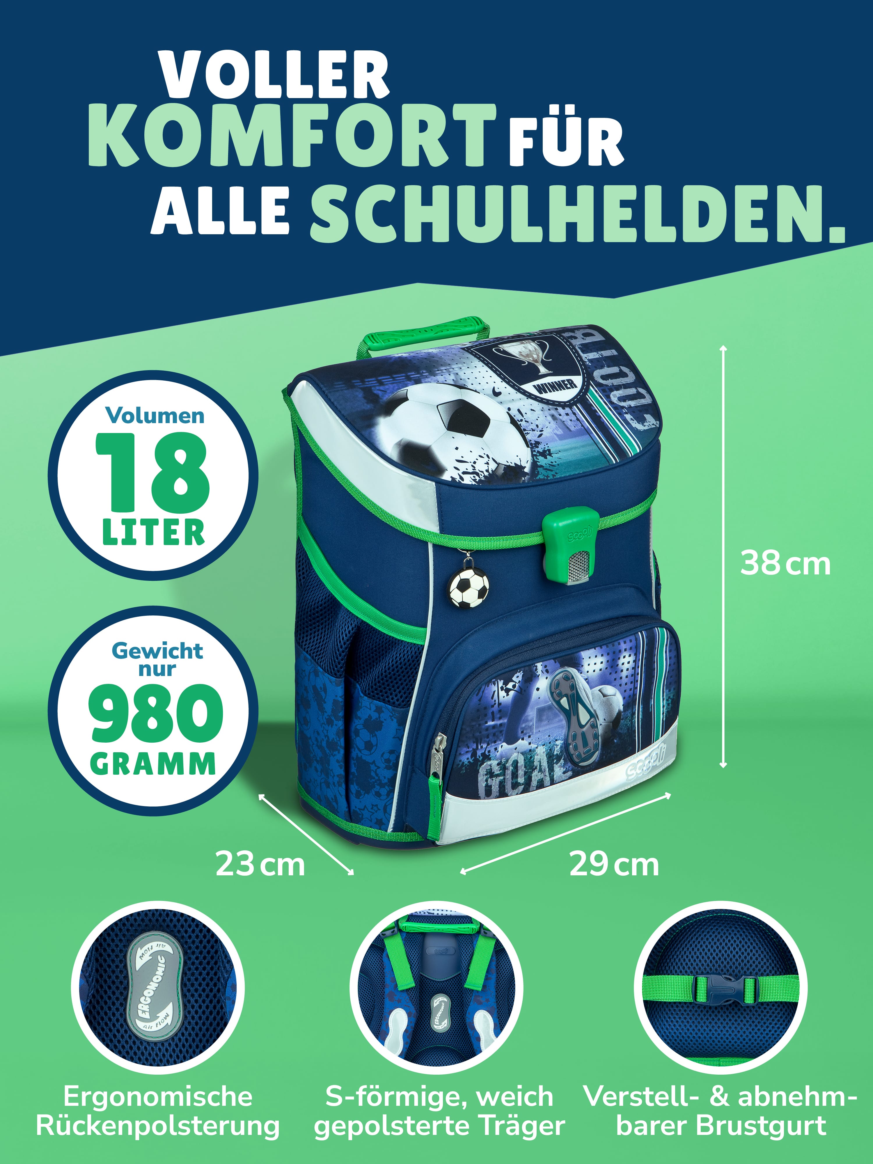 Frontansicht blauer Fußball Schulranzen mit Infos zu Maßen, Gewicht und ergonomischen Funktionen