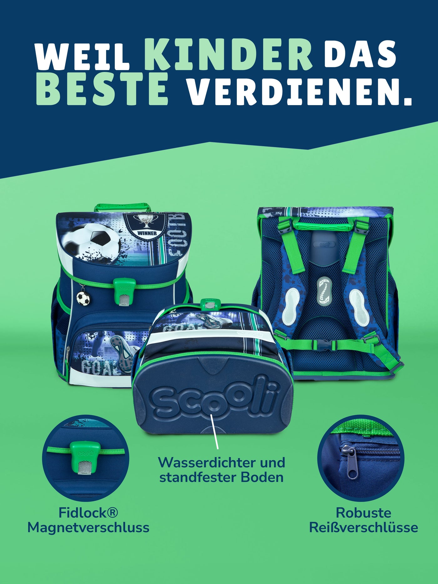 Ansicht wasserdichter Boden des Schulranzens und Verschlüsse