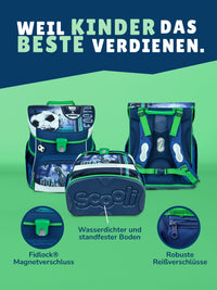 Ansicht wasserdichter Boden des Schulranzens und Verschlüsse