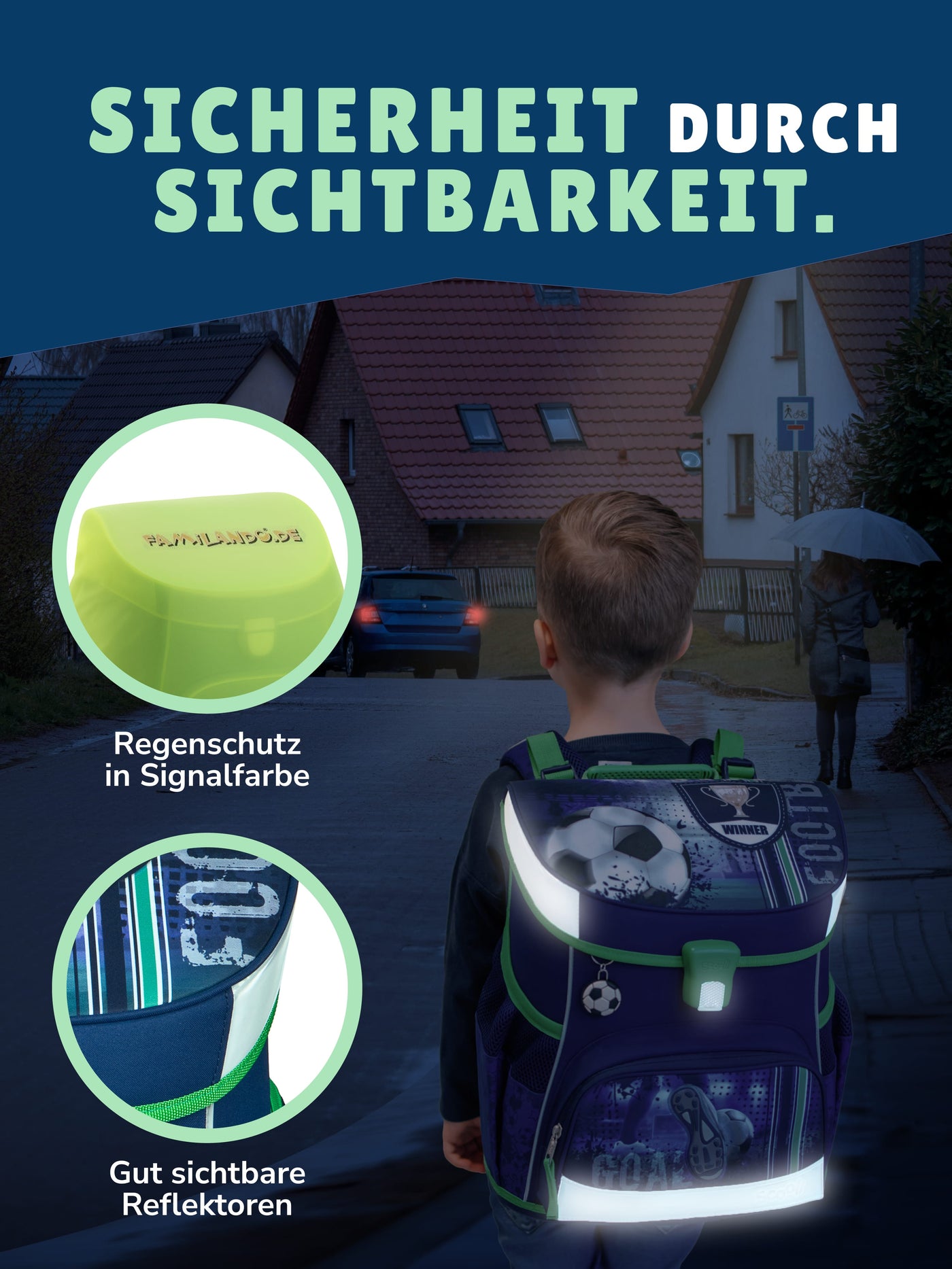 Junge trägt Schulranzen auf dunkler Straße - Reflektoren scheinen