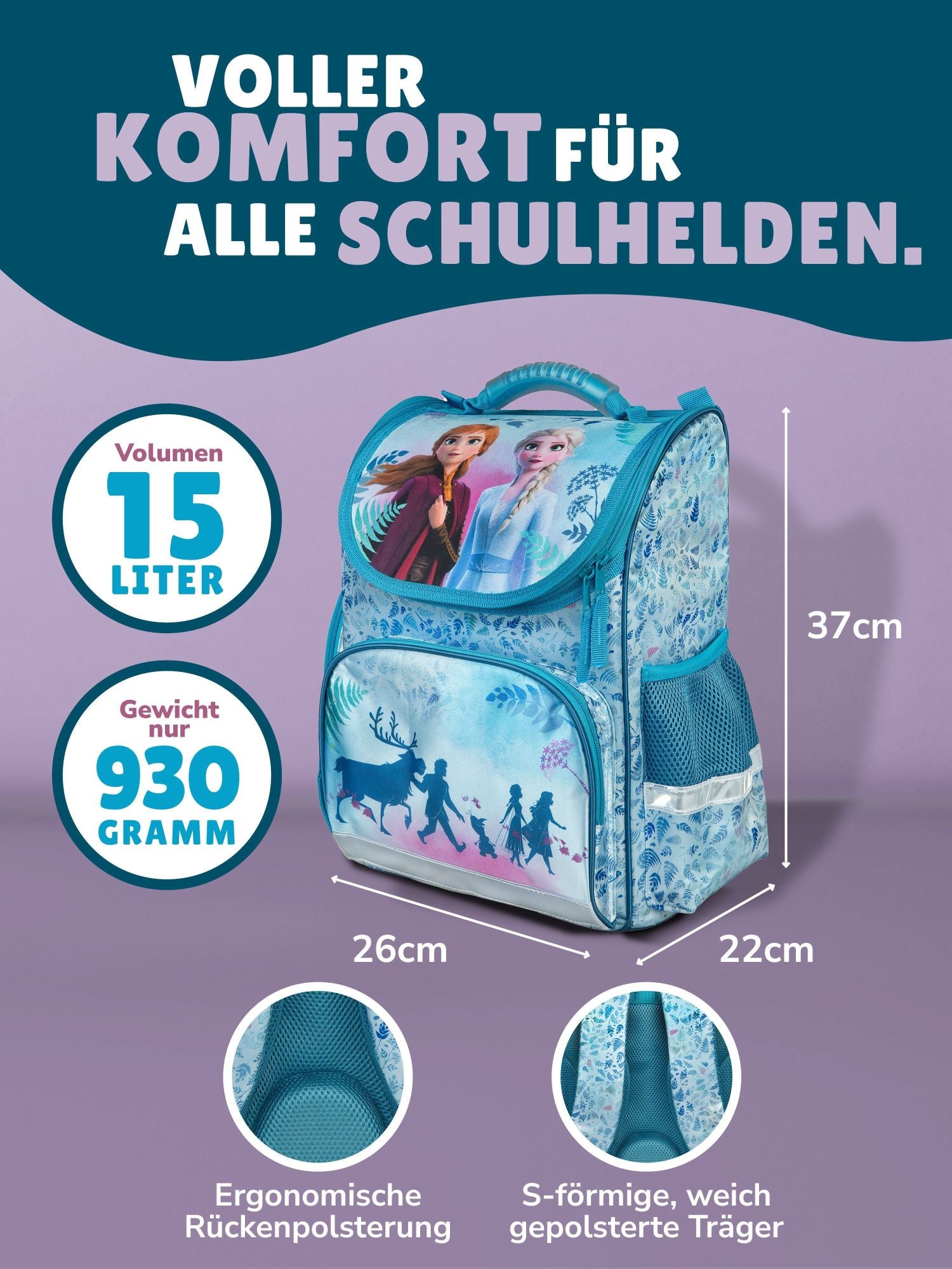 Frontansicht Frozen Schulranzen mit Anna und Elsa auf Deckel des Hauptfachs, Frontasche mit Sven, Kristoff und Olaf