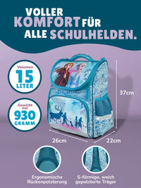 Frontansicht Frozen Schulranzen mit Anna und Elsa auf Deckel des Hauptfachs, Frontasche mit Sven, Kristoff und Olaf