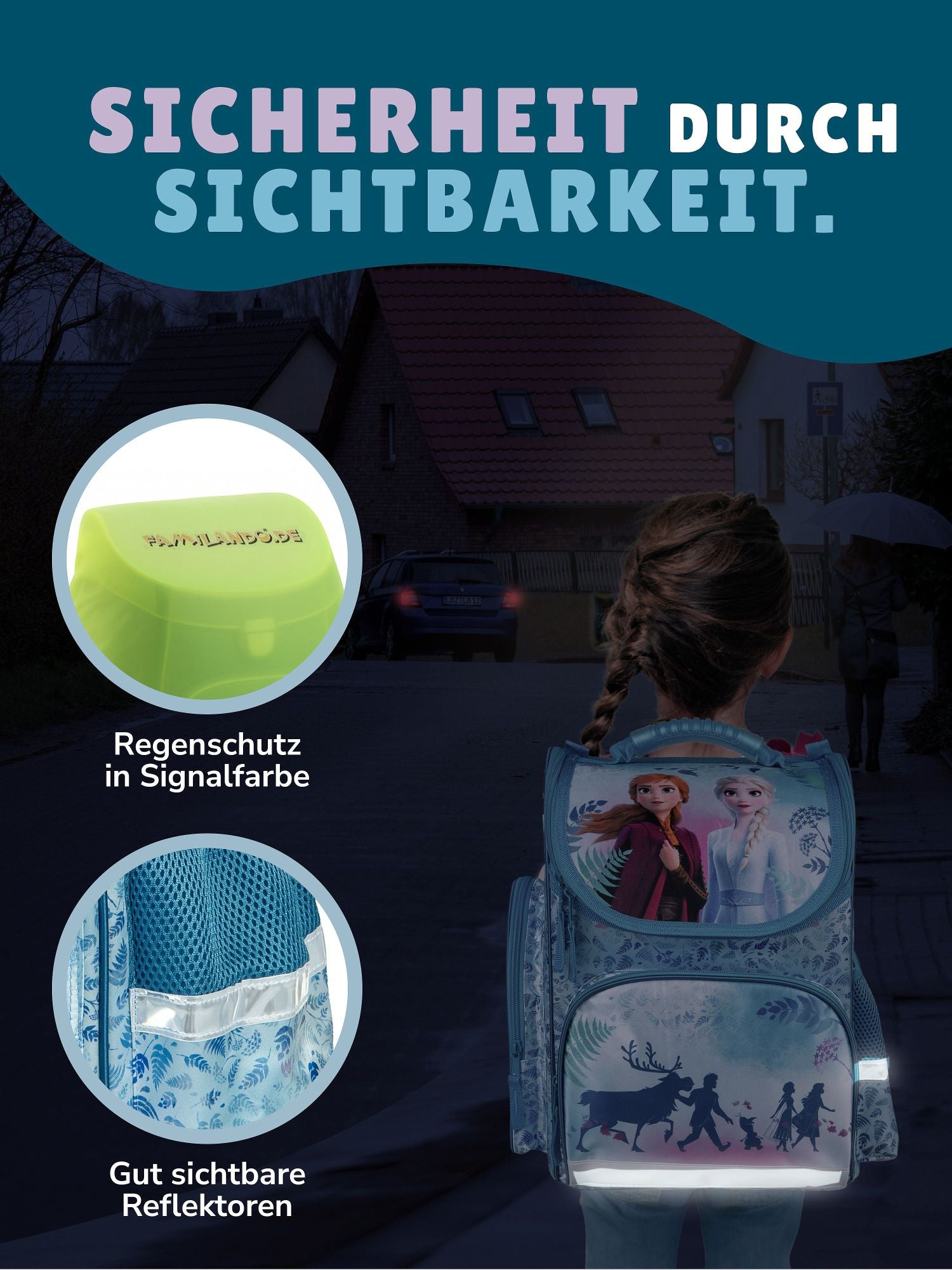 Ansicht Deckel mit eingenähtem Tragegriff sowie Anna und Elsa Motiv