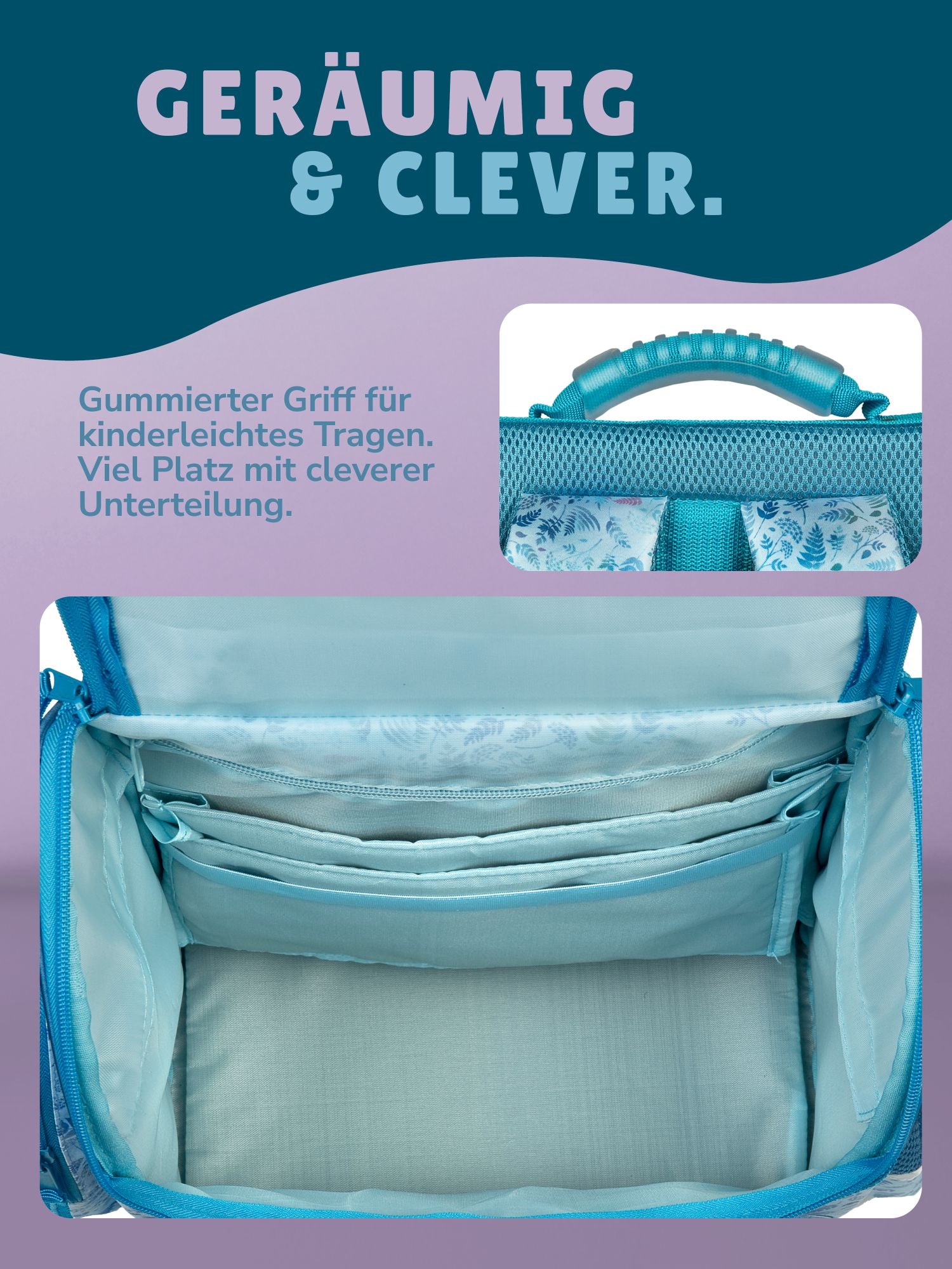 Innenansicht Schulranzen mit hellblauen Futter und Organizer Unterteilung