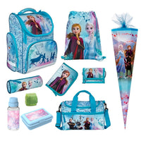 Frozen Schulranzen in hellblau mit Anna und Elsa auf Deckel im 5-teilige Grundset mit Federmappe, Turn- und Geldbeutel, sowie Schlamperrolle