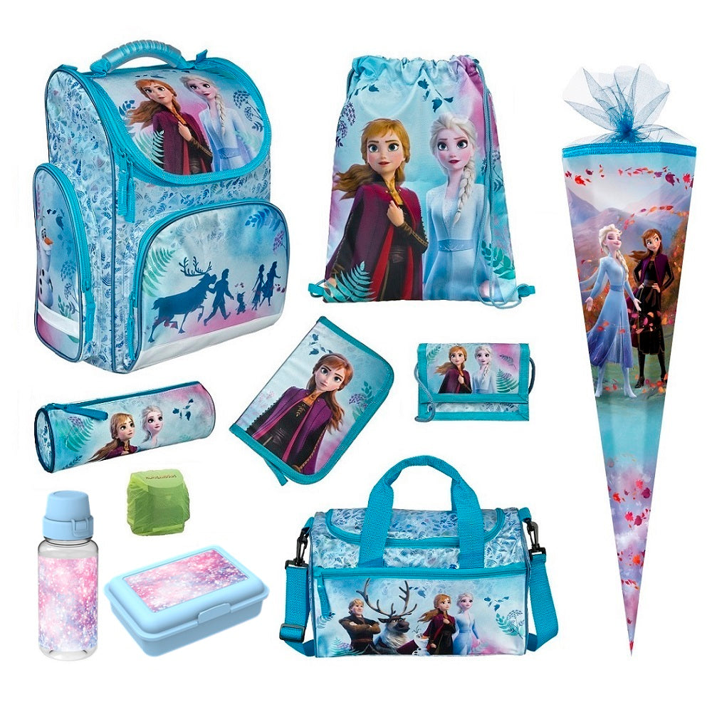 Frozen Schulranzen in hellblau mit Anna und Elsa auf Deckel im 5-teilige Grundset mit Federmappe, Turn- und Geldbeutel, sowie Schlamperrolle