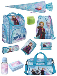 Frozen Schulranzen in hellblau mit Anna und Elsa auf Deckel im 5-teilige Grundset mit Federmappe, Turn- und Geldbeutel, sowie Schlamperrolle