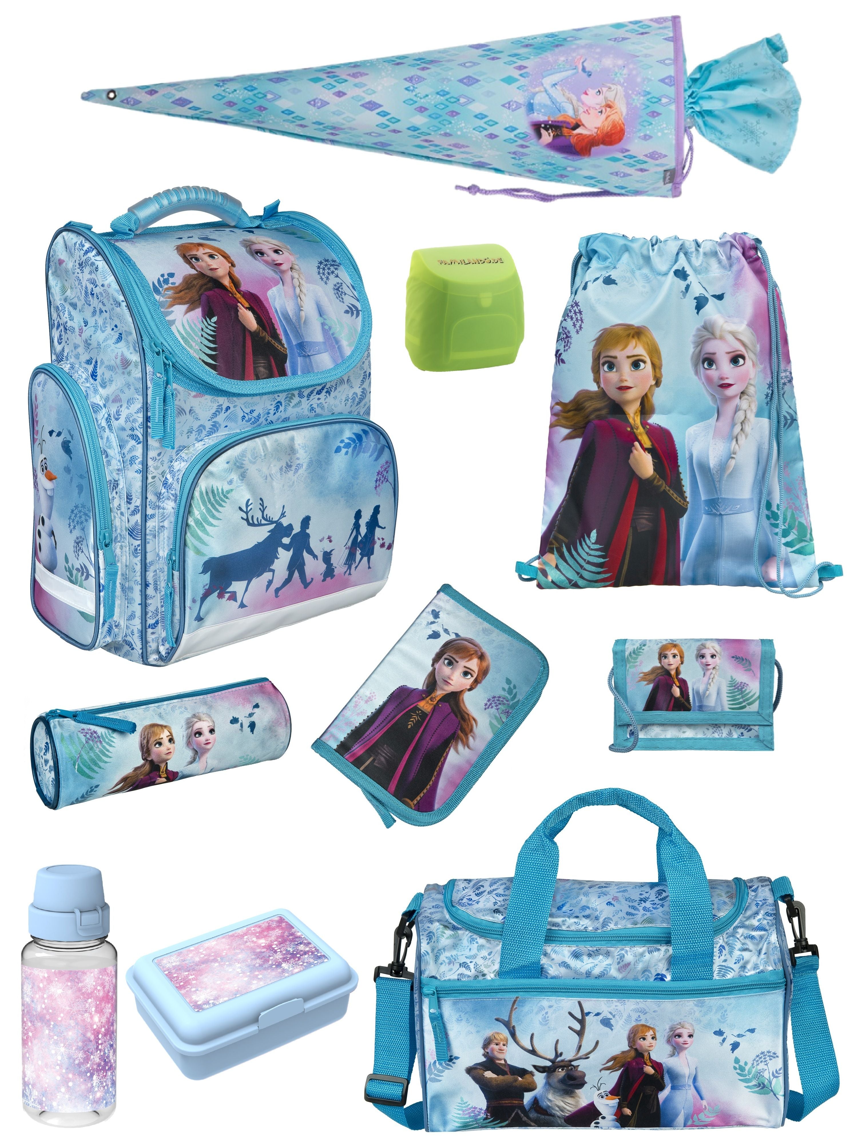 Frozen Schulranzen in hellblau mit Anna und Elsa auf Deckel im 5-teilige Grundset mit Federmappe, Turn- und Geldbeutel, sowie Schlamperrolle