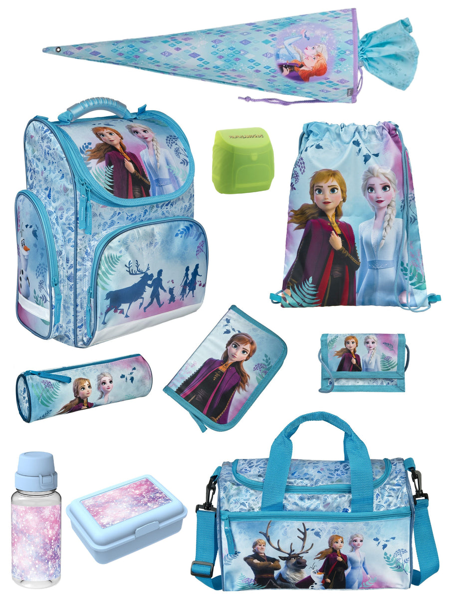Frozen Schulranzen in hellblau mit Anna und Elsa auf Deckel im 5-teilige Grundset mit Federmappe, Turn- und Geldbeutel, sowie Schlamperrolle
