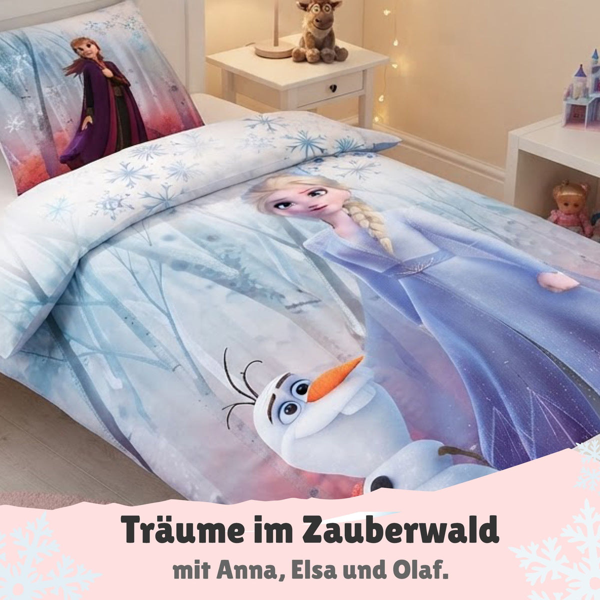 Frozen Bettwäsche mit Elsa und Olaf auf Bettdecke und Anna auf Kopfkissen aufs Bett gezogen